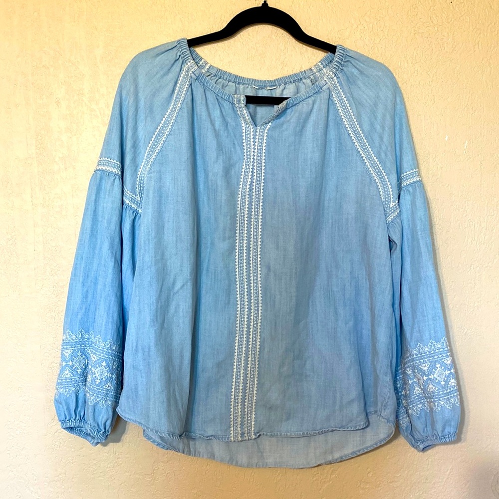 Embroidered denim peasant top